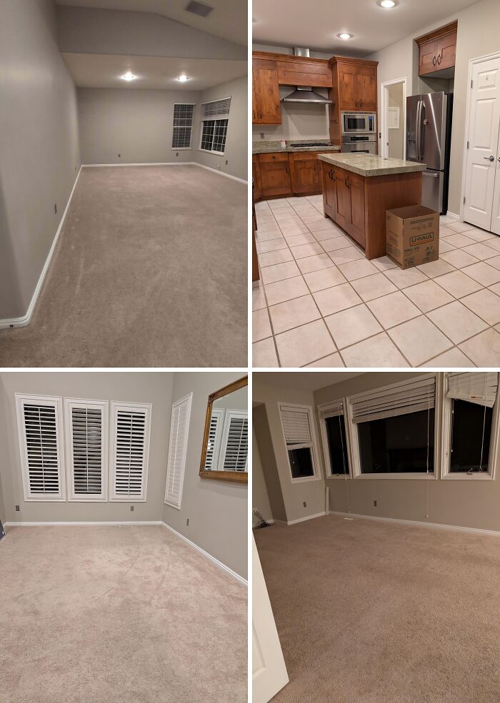 Multiple empty rooms and kitchen in a rental property showing signs of landlords cutting corners in maintenance and quality.