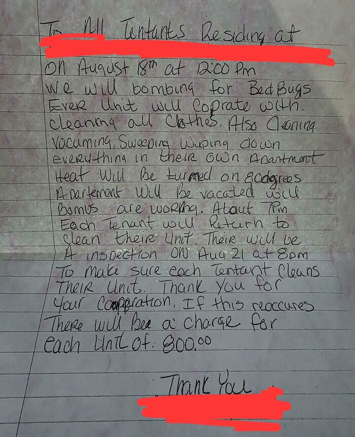 Handwritten landlord notice threatening an $800 charge for tenants if bed bug cleaning is not done properly, rental nightmares exposed.