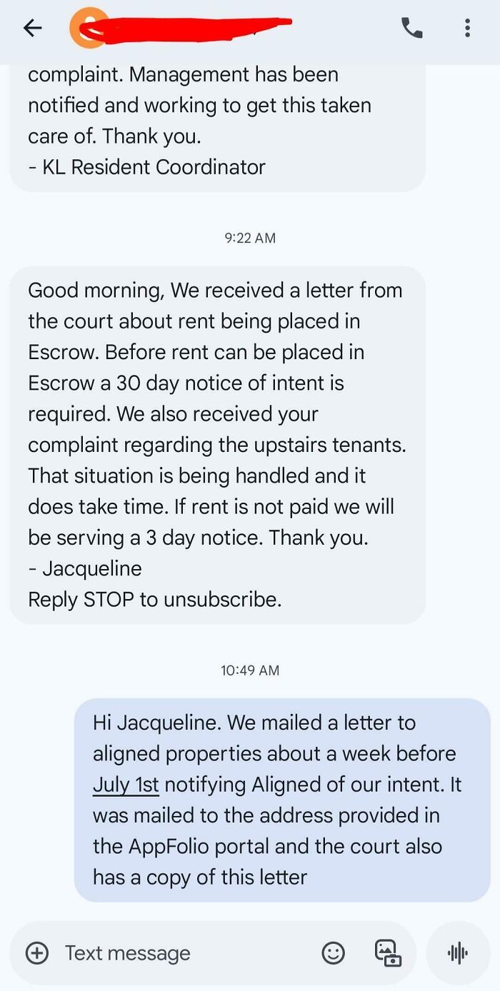 Text message exchange about rent escrow notice and tenant complaints highlighting rental nightmares and landlord issues exposed.