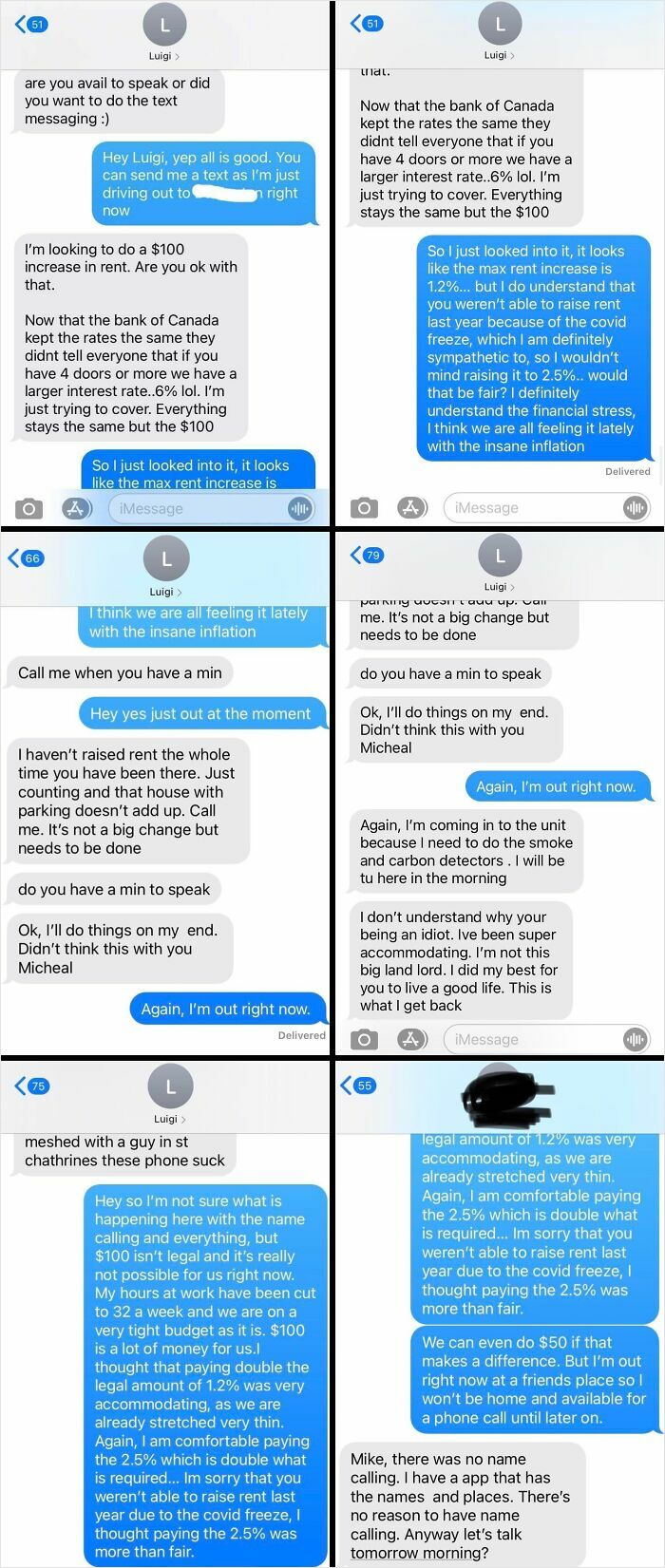 Text message exchange showing landlord and tenant dispute over rent increase amid rental nightmares and landlord corners cut exposed.