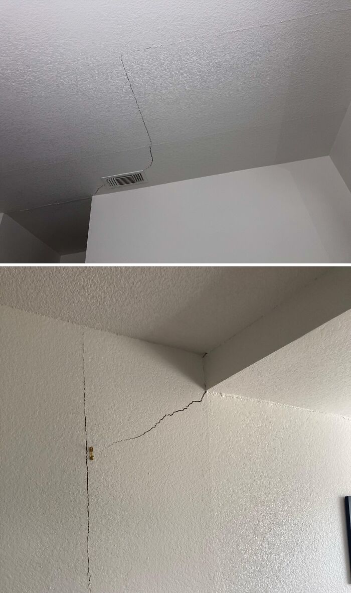 C*****d walls and ceiling in rental property revealing rental nightmares where landlords tried to cut corners.