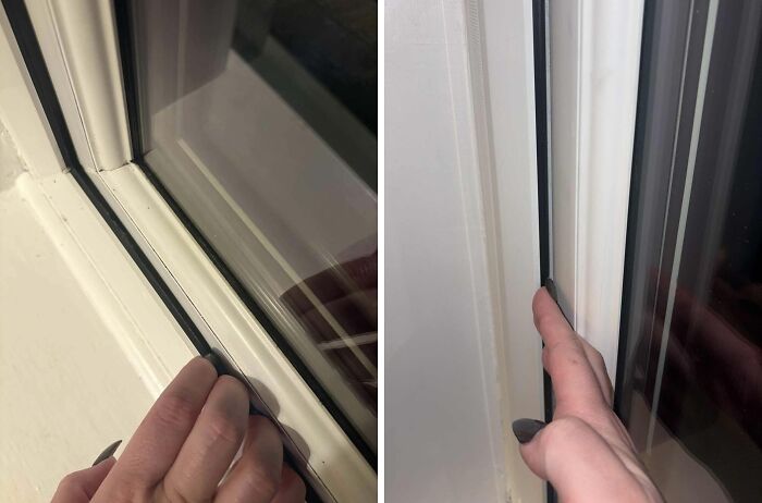 Hand checking poorly installed window seal in rental property, illustrating rental nightmares where landlords cut corners and got exposed.