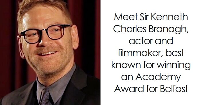 Kenneth Branagh, actor and filmmaker, smiling in a dark suit during an event, highlighting his career achievements.