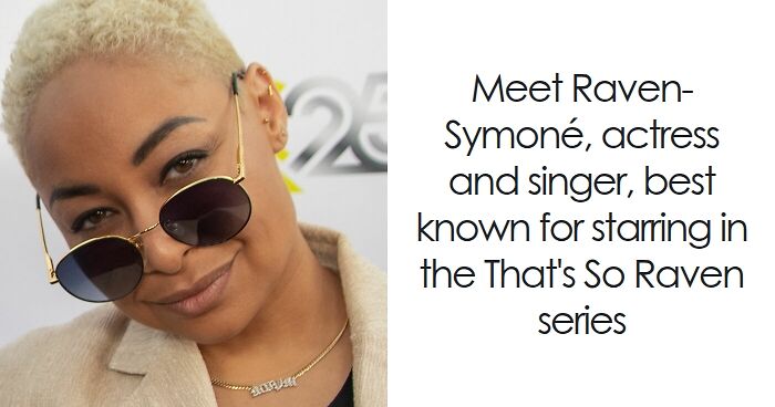 Raven-Symonu00e9 smiling with sunglasses and short blonde hair, highlighting her bio and career achievements.