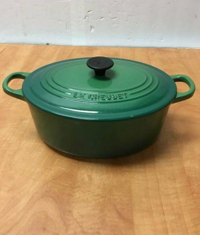 Green Le Creuset cookware found in secondhand stores, showcasing cool and unexpected secondhand store surprises.