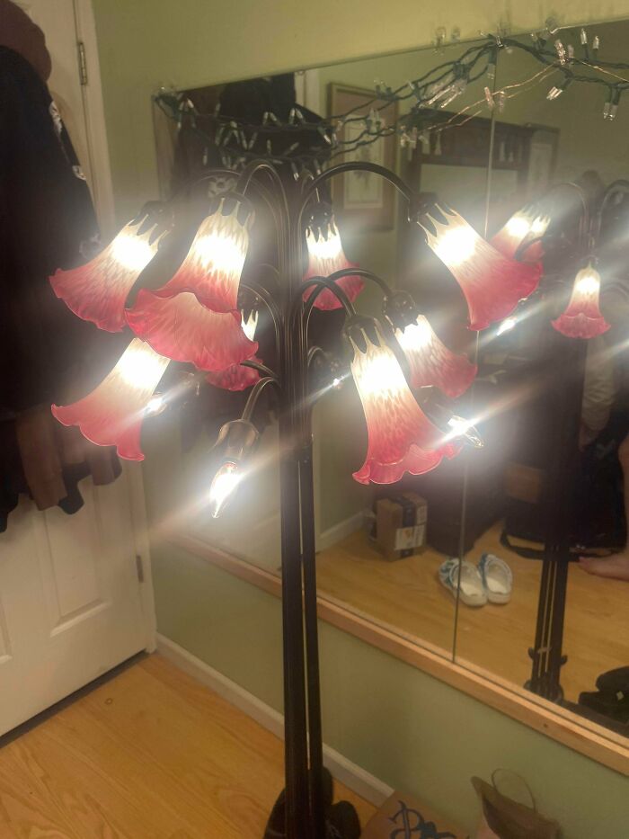 Vintage floral floor lamp with red glass shades found in a secondhand store delivering cool, unexpected surprises.