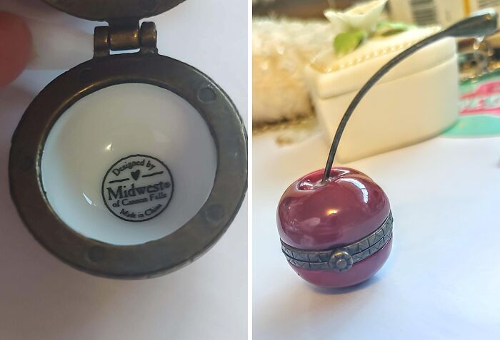Small vintage cherry trinket box found at secondhand stores, showcasing cool and unexpected collectible surprises.