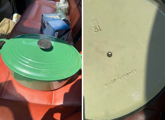 Green Le Creuset cast iron pot found at secondhand store with surprising vintage made in France mark on base