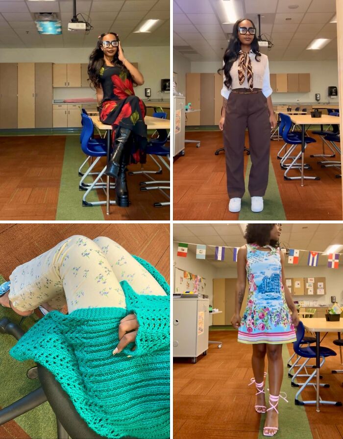 Woman showcasing stylish outfits from secondhand stores, highlighting cool and unexpected fashion surprises indoors.