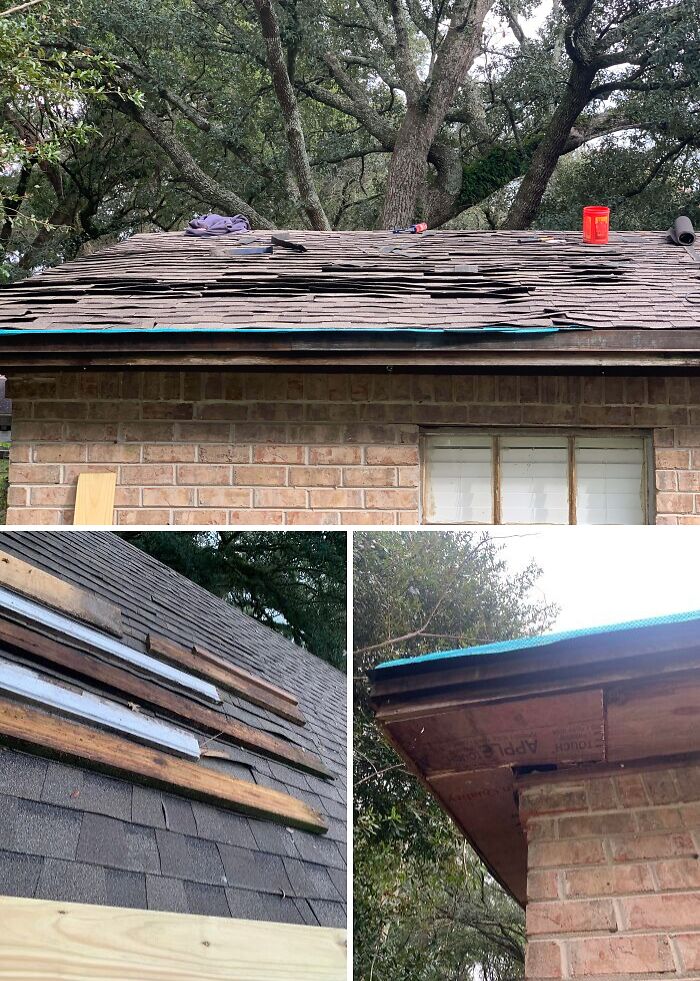 Damaged and poorly repaired roof on a rental property showing landlord corner-cutting rental nightmares exposed.