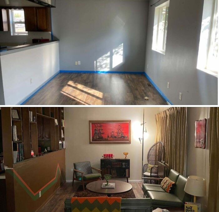 Empty room before and cozy living room after with vintage furniture, showcasing secondhand stores cool, unexpected surprises.