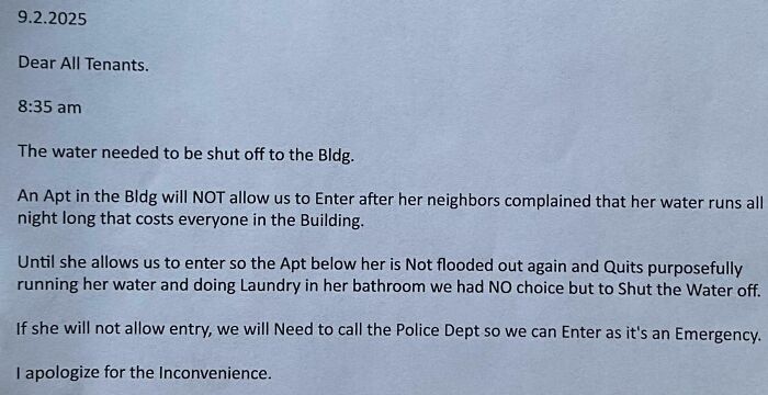 Notice from landlord about water shut off due to tenant issues in a rental nightmare where landlords tried to cut corners.