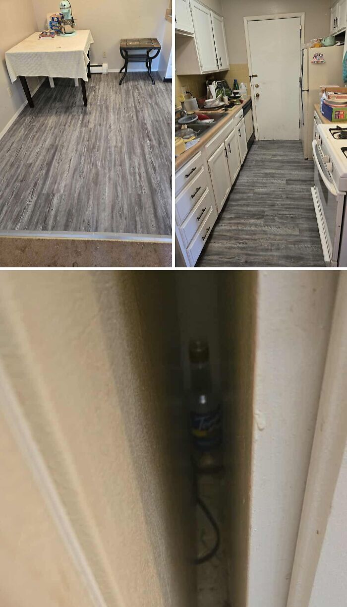 Composite image showing poorly installed flooring and narrow gap hiding garbage, examples of rental nightmares where landlords cut corners.