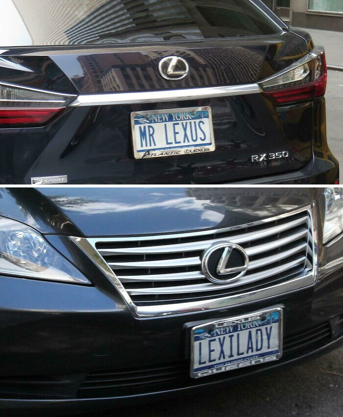 Two black Lexus cars with personalized license plates reading MR LEXUS and LEXILADY parked on city streets.
