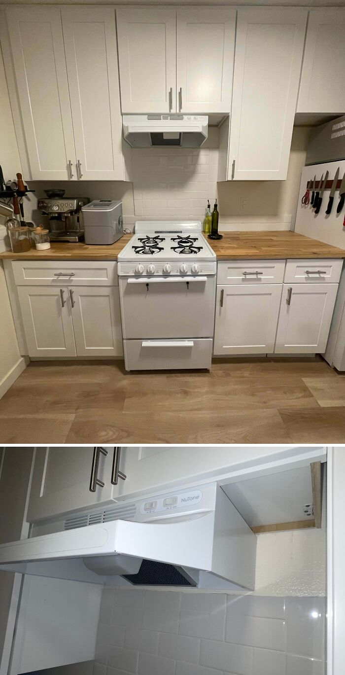 Small kitchen with white cabinets and stove, highlighting a rental nightmare where landlords cut corners on vent installation.