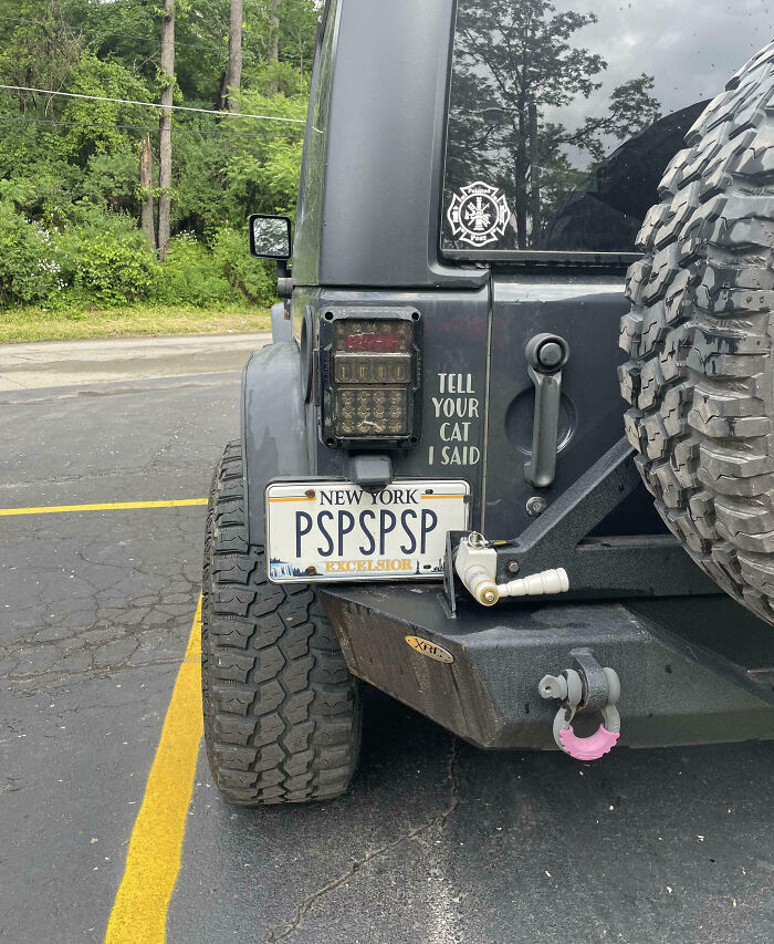 Personalized license plate PSPSPSP on a dark Jeep with the phrase tell your cat I said, parked outdoors.
