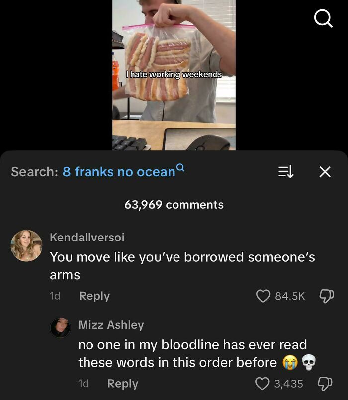 Person holding a bag of bacon slices with text overlay about hating weekends, illustrating epic burns in 2025.