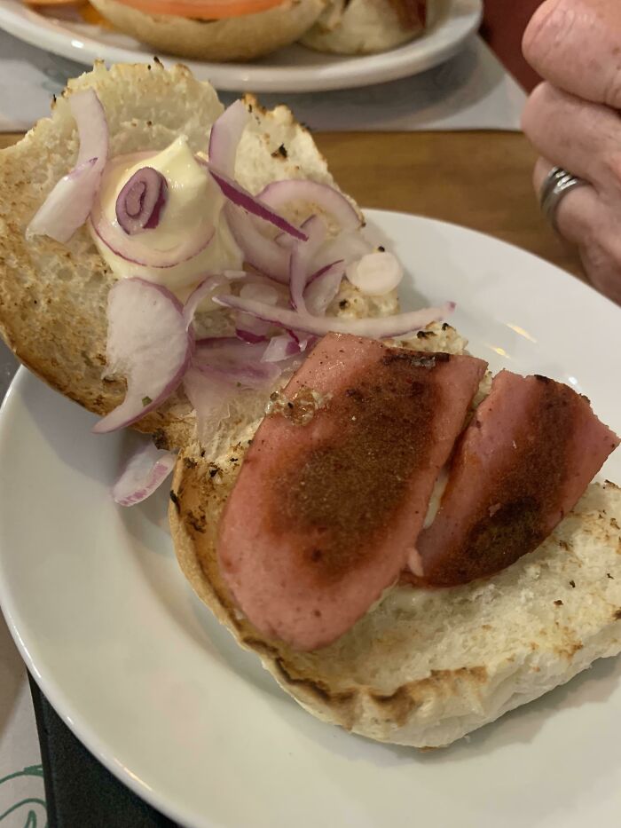 Open sandwich with grilled sausage slices, mayonnaise, and raw red onion on toasted bun, illustrating outrageous meals differences.