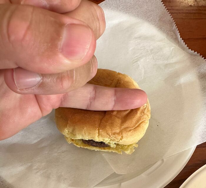 Hand holding middle finger over a tiny hamburger on a paper-lined plate showing outrageous meals.