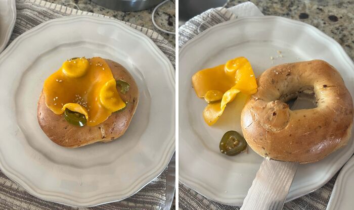 Bagel with melted processed cheese and jalapeños on a plate, an example of outrageous meals that look nothing like menu photos.