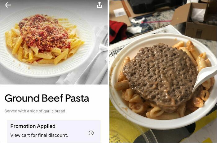 Outrageous meal of ground beef pasta served with a greasy burger patty that looks nothing like menu photos.