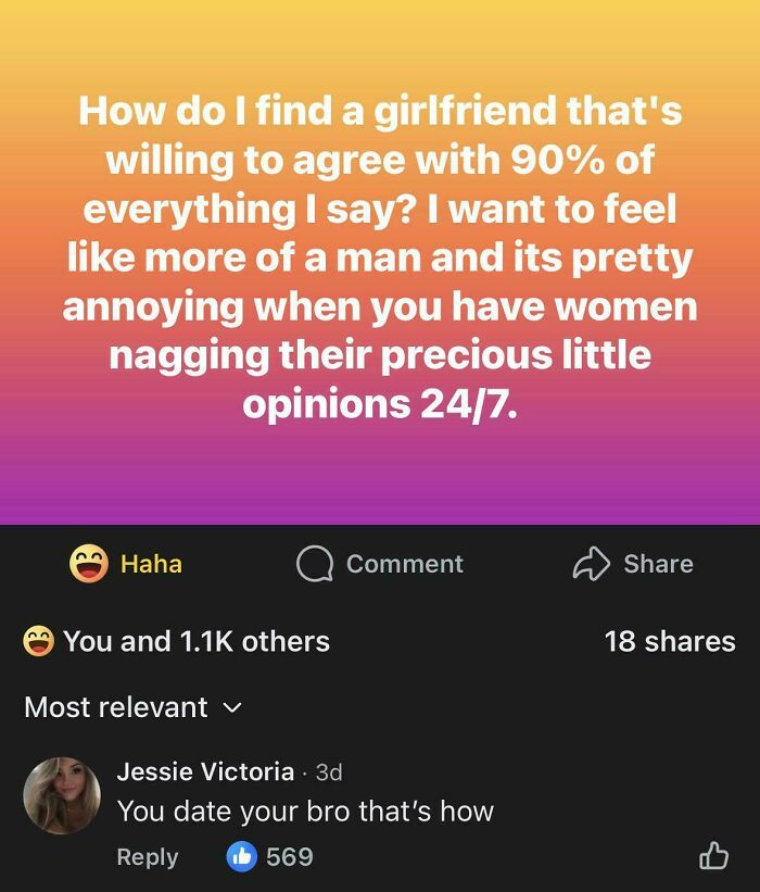 Text post about finding a girlfriend who agrees with everything said, featured among epic burns of 2025.