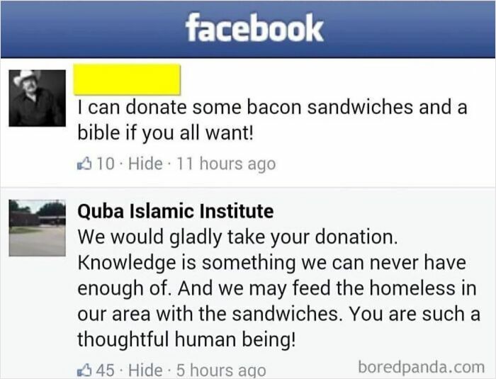 Facebook comment with an awkward donation offer involving bacon sandwiches and a bible, met with a thoughtful reply. Facebook comment with an awkward donation offer involving bacon sandwiches and a bible, met with a thoughtful reply.