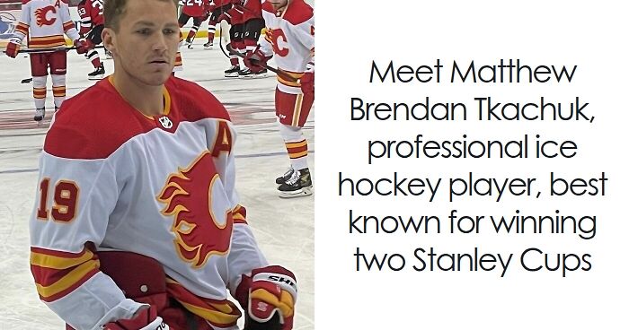 Matthew Tkachuk in Calgary Flames jersey on ice during warm-up, highlighting his professional hockey career.
