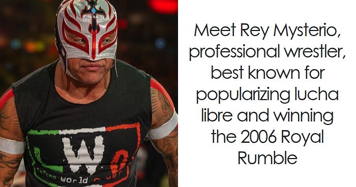 Rey Mysterio in his signature mask and wrestling gear, known for his lucha libre style and career highlights.