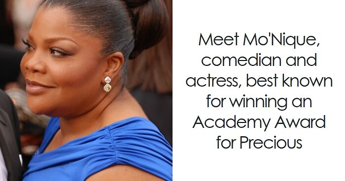 Mo'Nique in a blue dress, smiling at an event, highlighting key moments in her bio and career highlights.