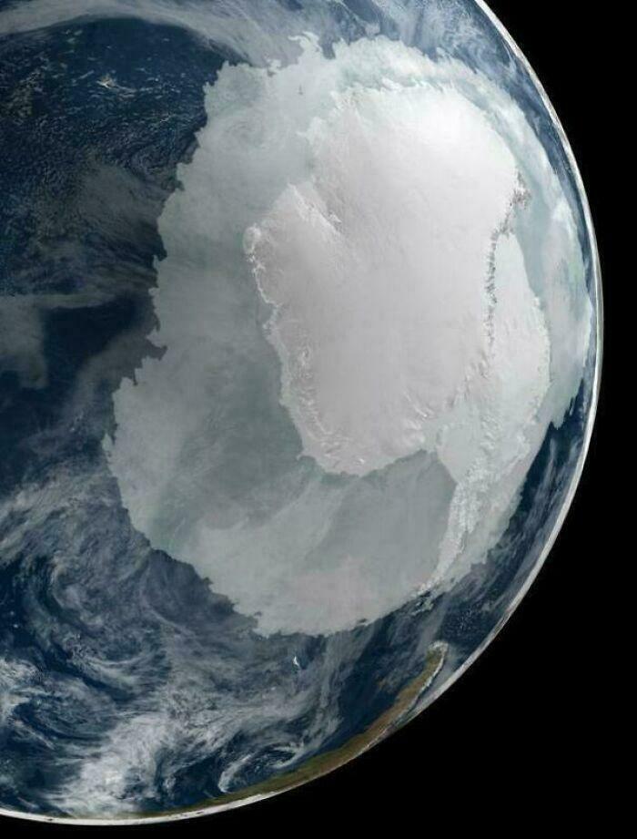 Satellite view of Antarctica showing vast ice coverage, a striking image for those with megalophobia fears.