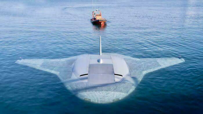 A large, camouflaged object resembling a manta ray submarine underwater with a small boat nearby, triggering megalophobia.