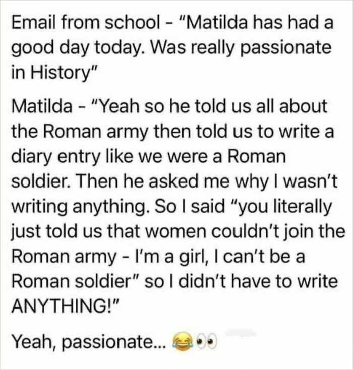Text meme about a girl explaining to her teacher why she didn't write a diary entry about the Roman army, a funny dark winter meme.