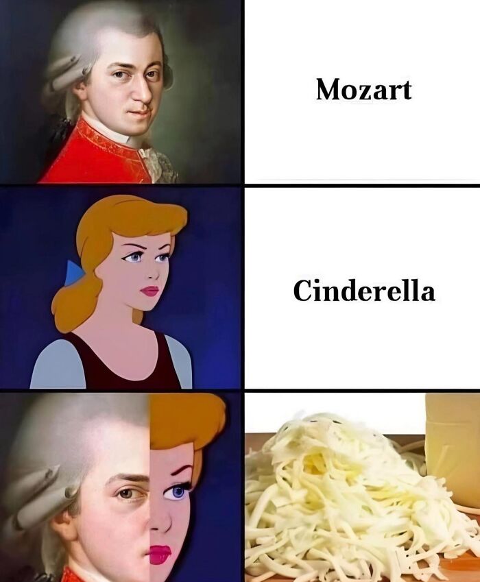 Split image meme showing Mozart, Cinderella, combined faces, and shredded cheese, perfect for funny memes brightening dark winter days.