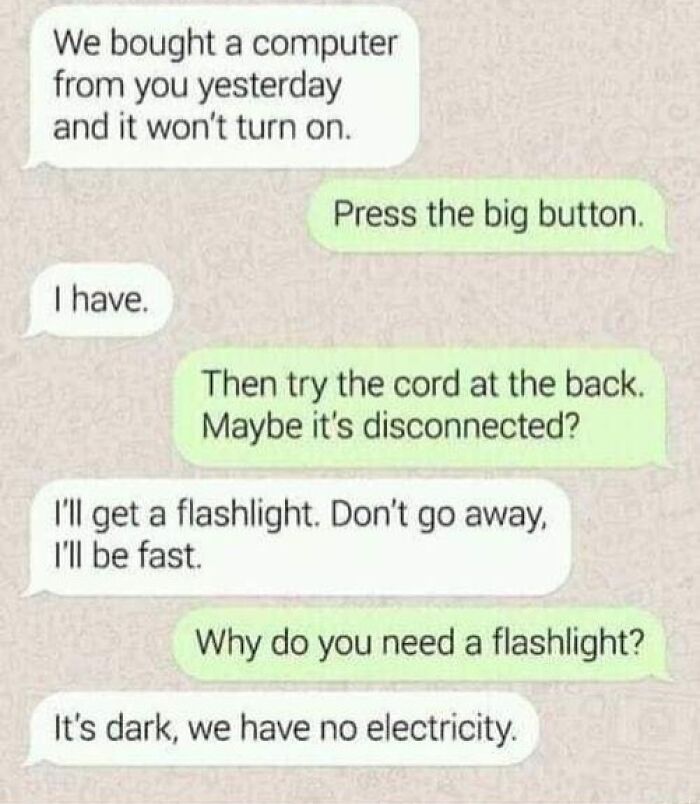 Text message conversation showing a humorous exchange about a computer issue during a dark, cold winter day.