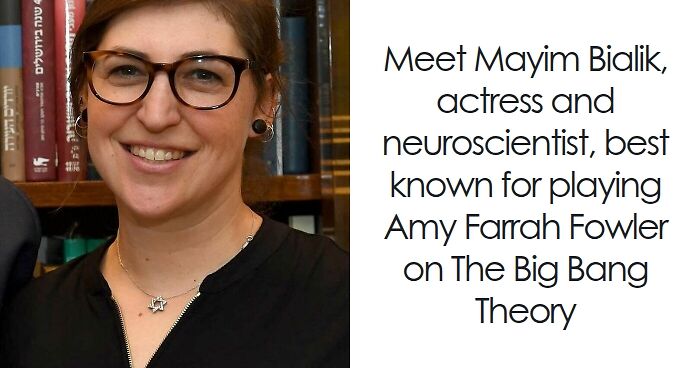 Mayim Bialik smiling, wearing glasses and a star necklace, highlighting her bio and career highlights as an actress and neuroscientist.