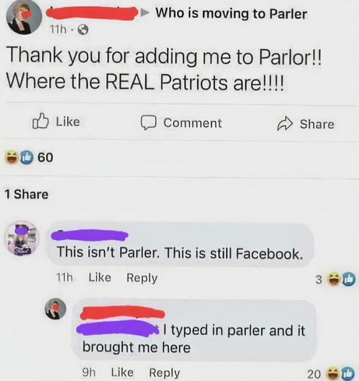 Screenshot of funny and awkward moment with a social media user confused about Parler on Facebook.