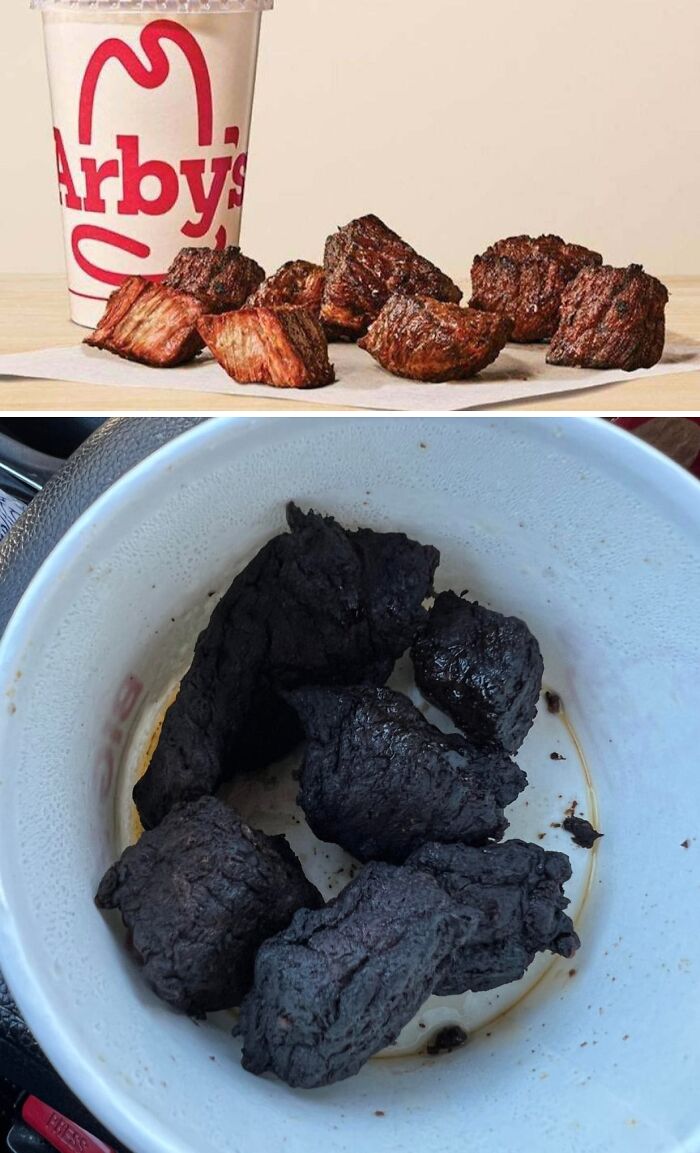 Comparison of Arby's meal showing outrageous meal that looked nothing like the menu photos with burnt, unappetizing meat pieces.