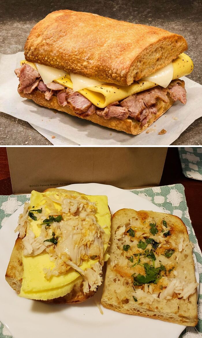 Two sandwiches side by side showing outrageous meals that looked nothing like the menu photos with uneven ingredients.