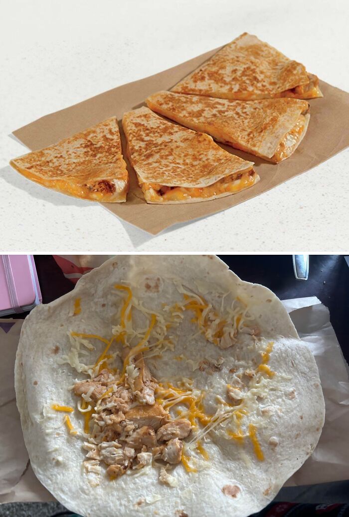 Two images showing outrageous meals with quesadillas, one well-prepared and the other sparse and unappetizing.