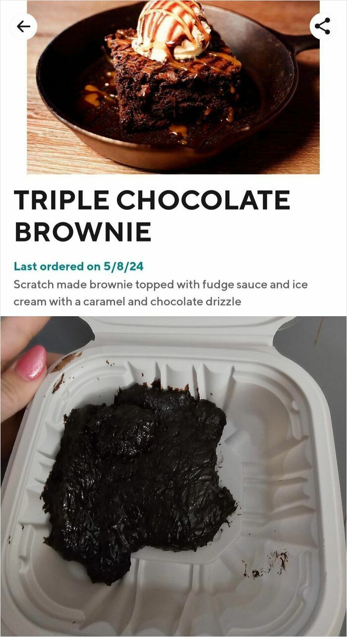 Disappointing triple chocolate brownie order that looks nothing like the menu photo with fudge sauce and ice cream.