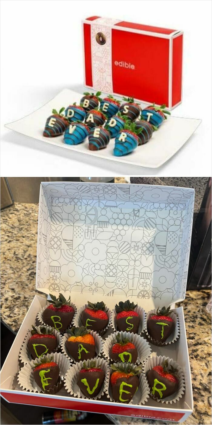 Comparison of outrageous meals with chocolate-covered strawberries spelling best dad ever, differing from menu photos