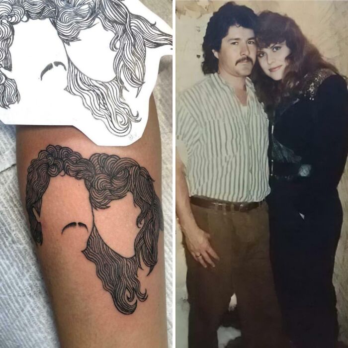 Close-up of a wholesome tattoo of a couple’s faces with intricate hairlines next to their vintage photo, showcasing meaningful ink. Close-up of a wholesome tattoo of a couple’s faces with intricate hairlines next to their vintage photo, showcasing meaningful ink.