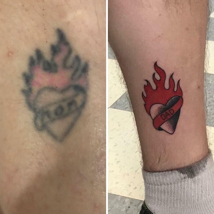 Before and after images of a wholesome tattoo featuring a flaming heart with a dad banner, showcasing meaningful small ink design. Before and after images of a wholesome tattoo featuring a flaming heart with a dad banner, showcasing meaningful small ink design.