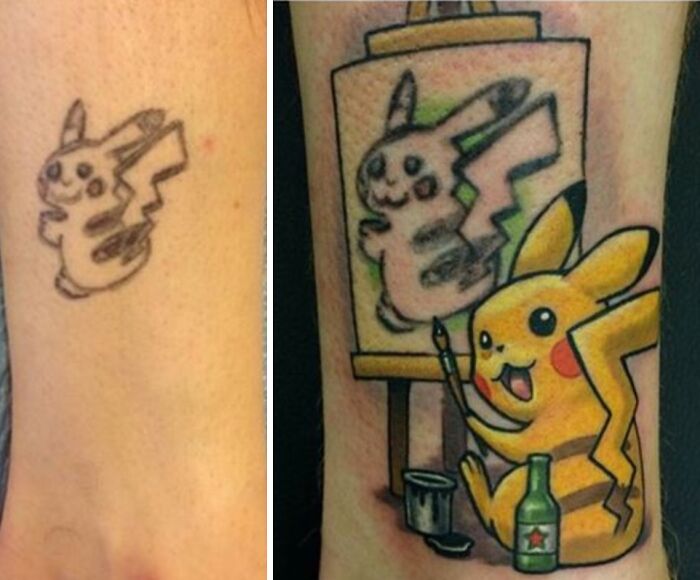 Colorful Pikachu tattoo transforming a simple design into wholesome ink with meaningful and creative details on the arm.