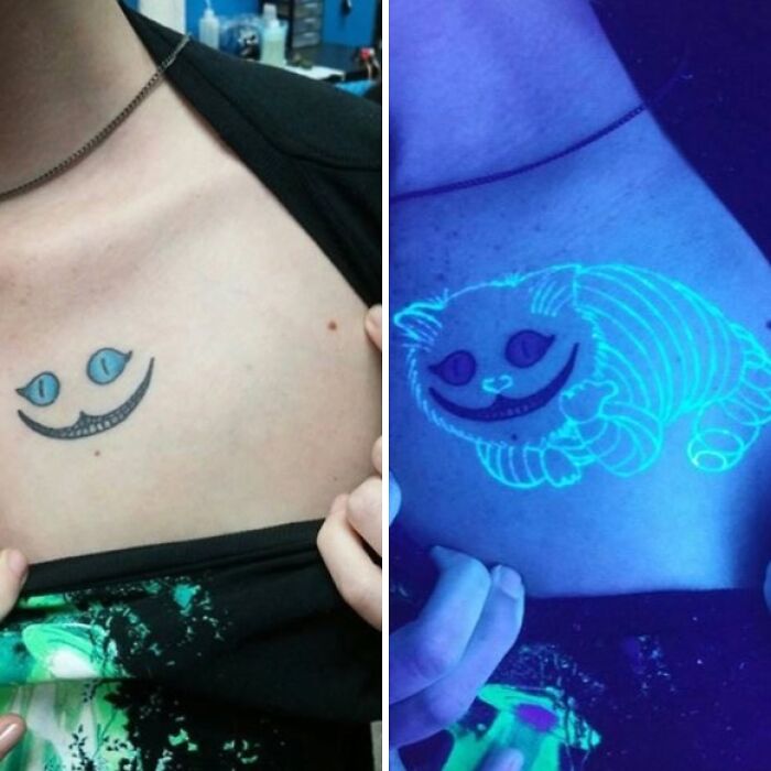 Cheshire Cat tattoo on chest shown in natural light and glowing ink under blacklight, a wholesome tattoo with deep meaning. Cheshire Cat tattoo on chest shown in natural light and glowing ink under blacklight, a wholesome tattoo with deep meaning.
