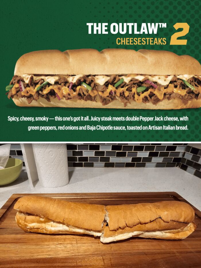 Outrageous meal showing a cheesesteak sandwich with little filling, looking nothing like the menu photo.