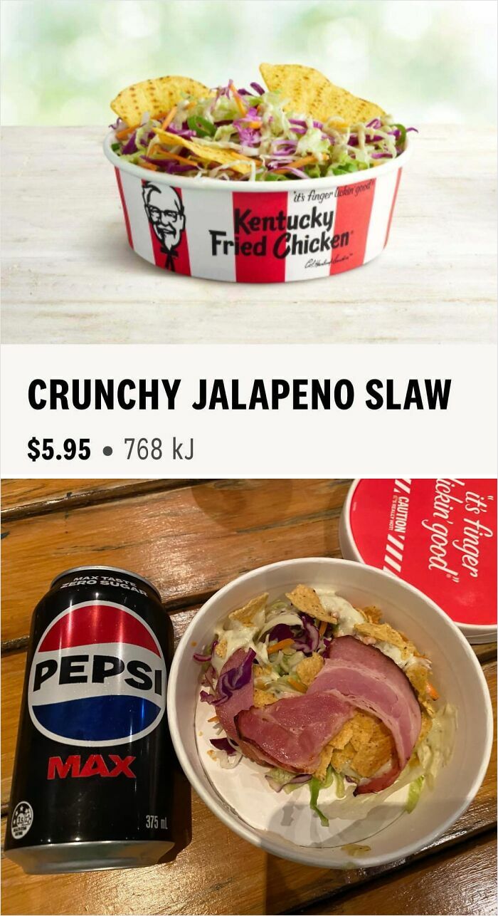 Outrageous meal comparison showing a crunchy jalapeno slaw from menu versus actual served dish with a Pepsi can on wooden table.