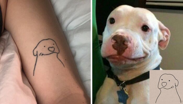 Minimalist dog tattoo on arm alongside photo of the dog, showcasing wholesome tattoos with meaningful ink.