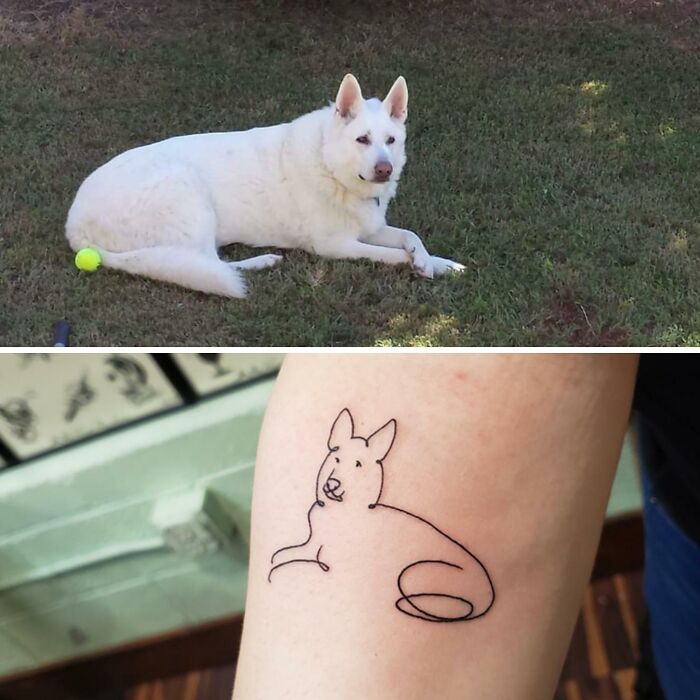 Minimalist dog tattoo on forearm capturing a relaxed dog lying on grass, showcasing wholesome tattoos with meaningful little ink designs. Minimalist dog tattoo on forearm capturing a relaxed dog lying on grass, showcasing wholesome tattoos with meaningful little ink designs.